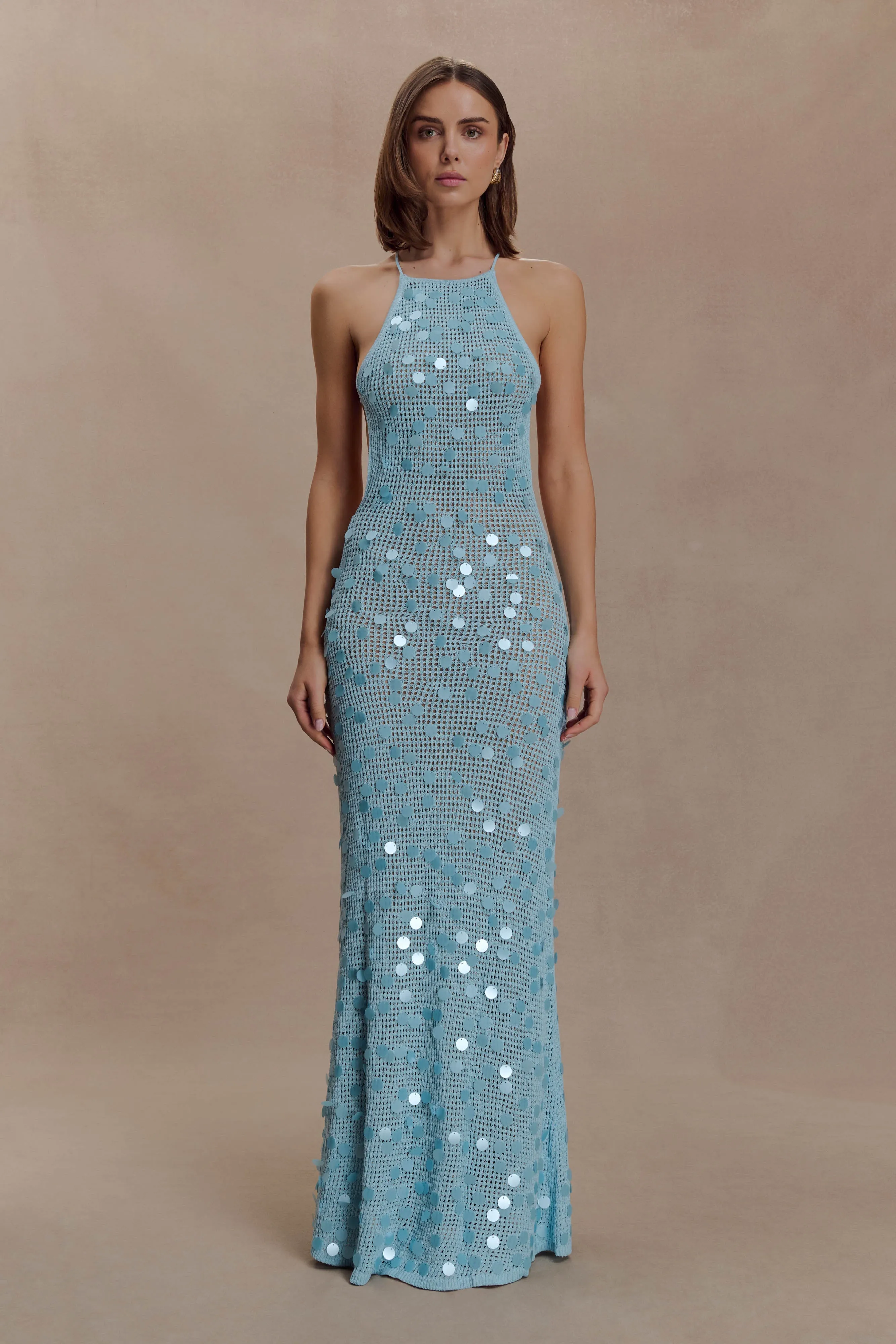 Carmen Crochet Sequin Maxi Open Back Dress - Blue sold by Meshki product image thumbnail 5