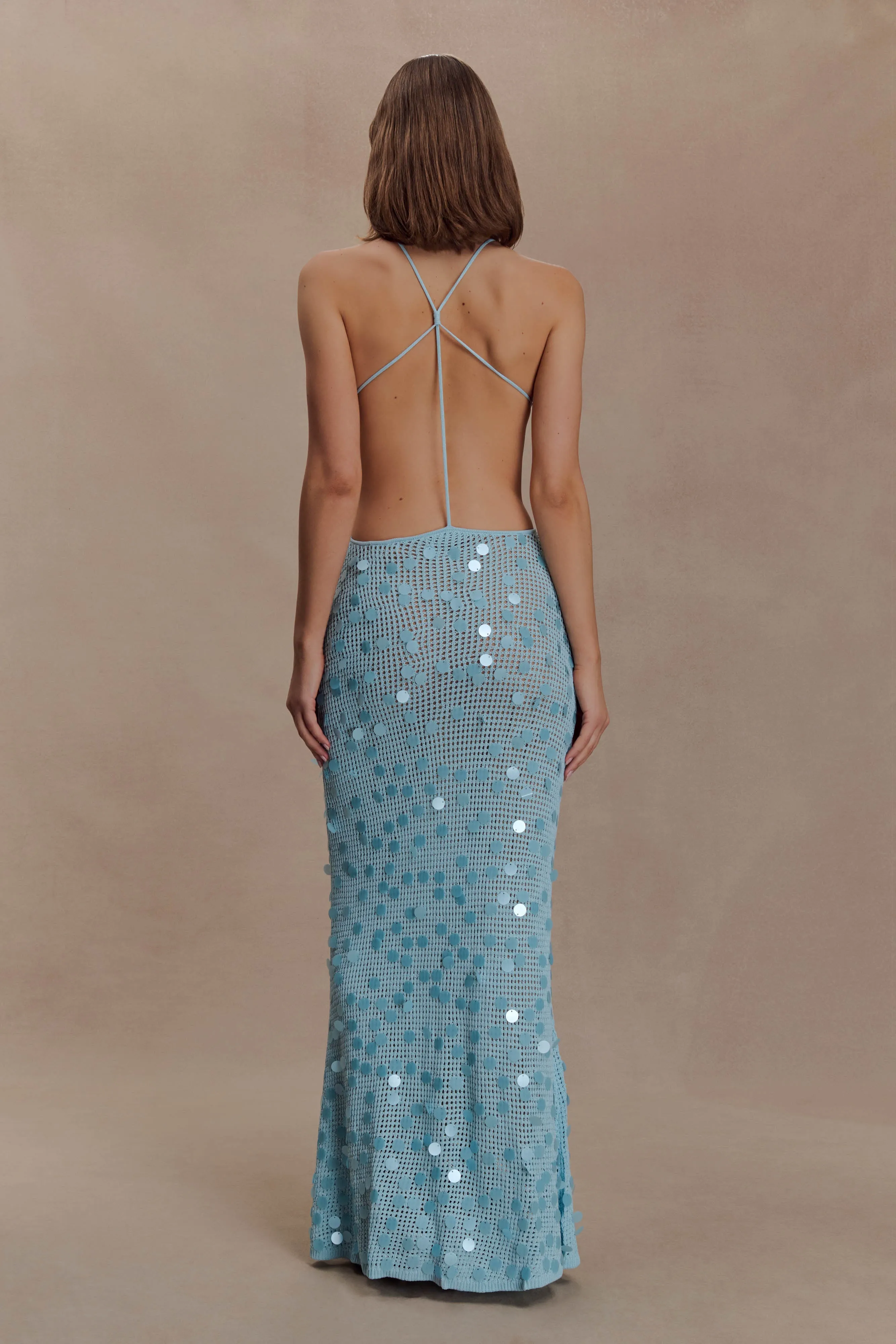 Carmen Crochet Sequin Maxi Open Back Dress - Blue sold by Meshki product image thumbnail 2