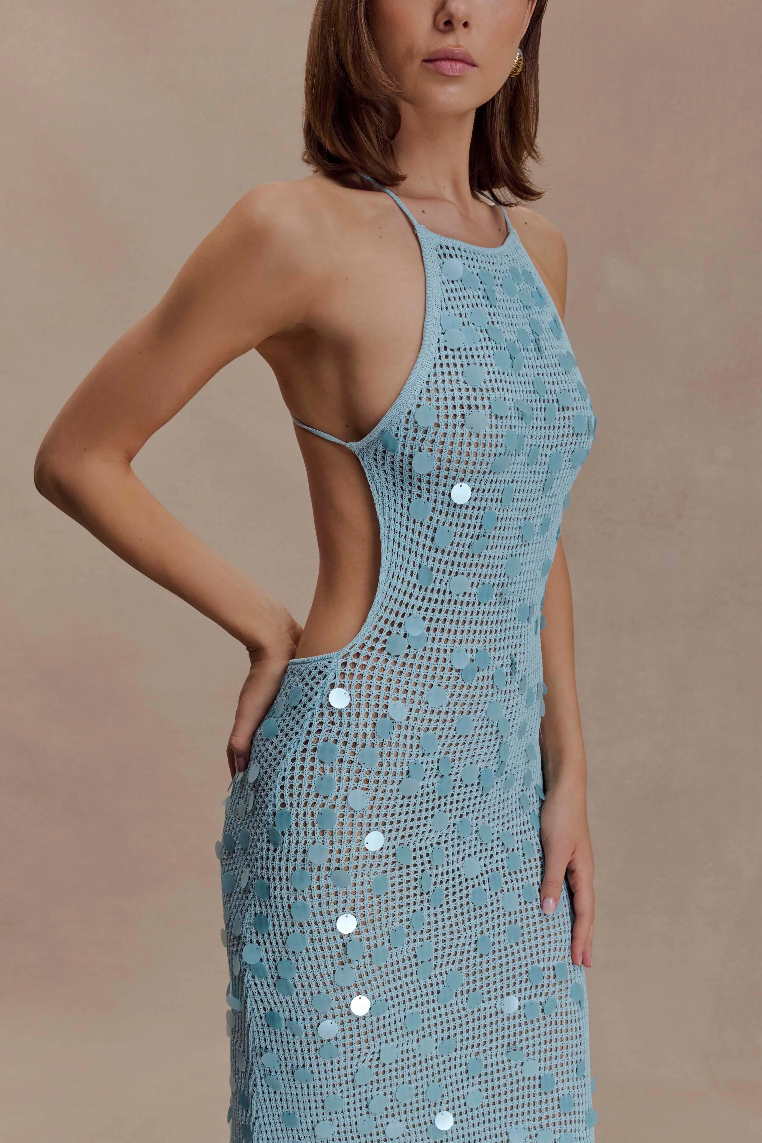 Carmen Crochet Sequin Maxi Open Back Dress - Blue sold by Meshki product image thumbnail 3