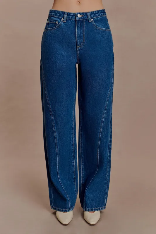 Georgette Mid Rise Paneled Denim Jeans - Dark Blue sold by Meshki