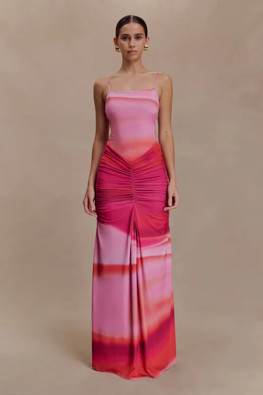 Roisin Slinky Maxi Dress - Pink Sunset Print sold by Meshki