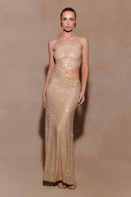 Starla Strapless Diamante Maxi Dress - Gold sold by Meshki