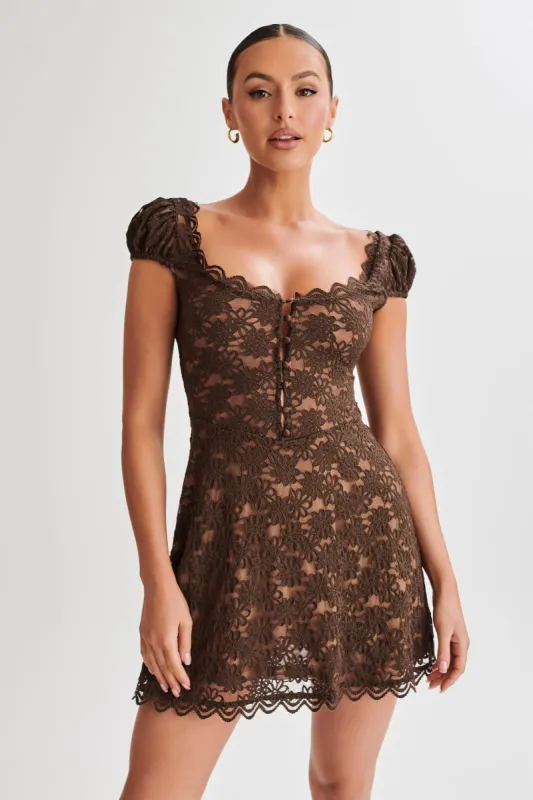 Temperance Lace A-Line Mini Dress - Chocolate sold by Meshki