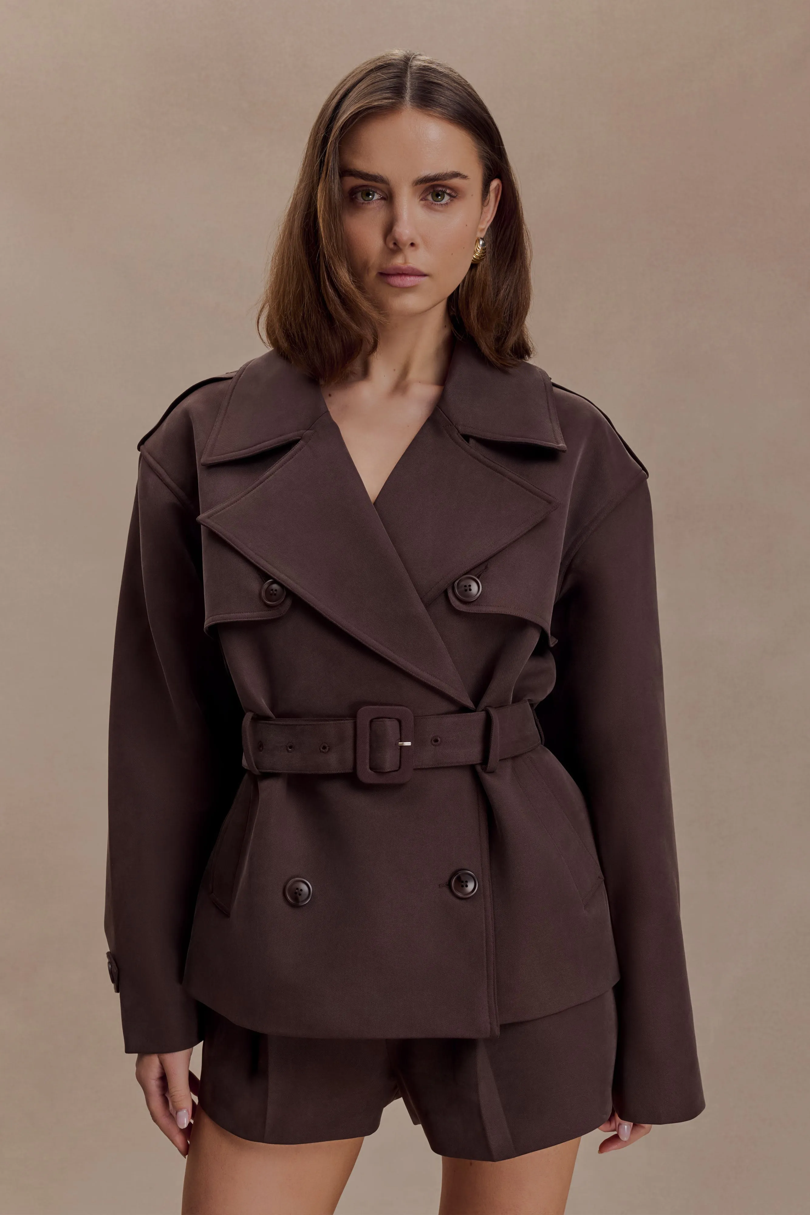 Alden Short Trench Jacket - Chocolate sold by Meshki