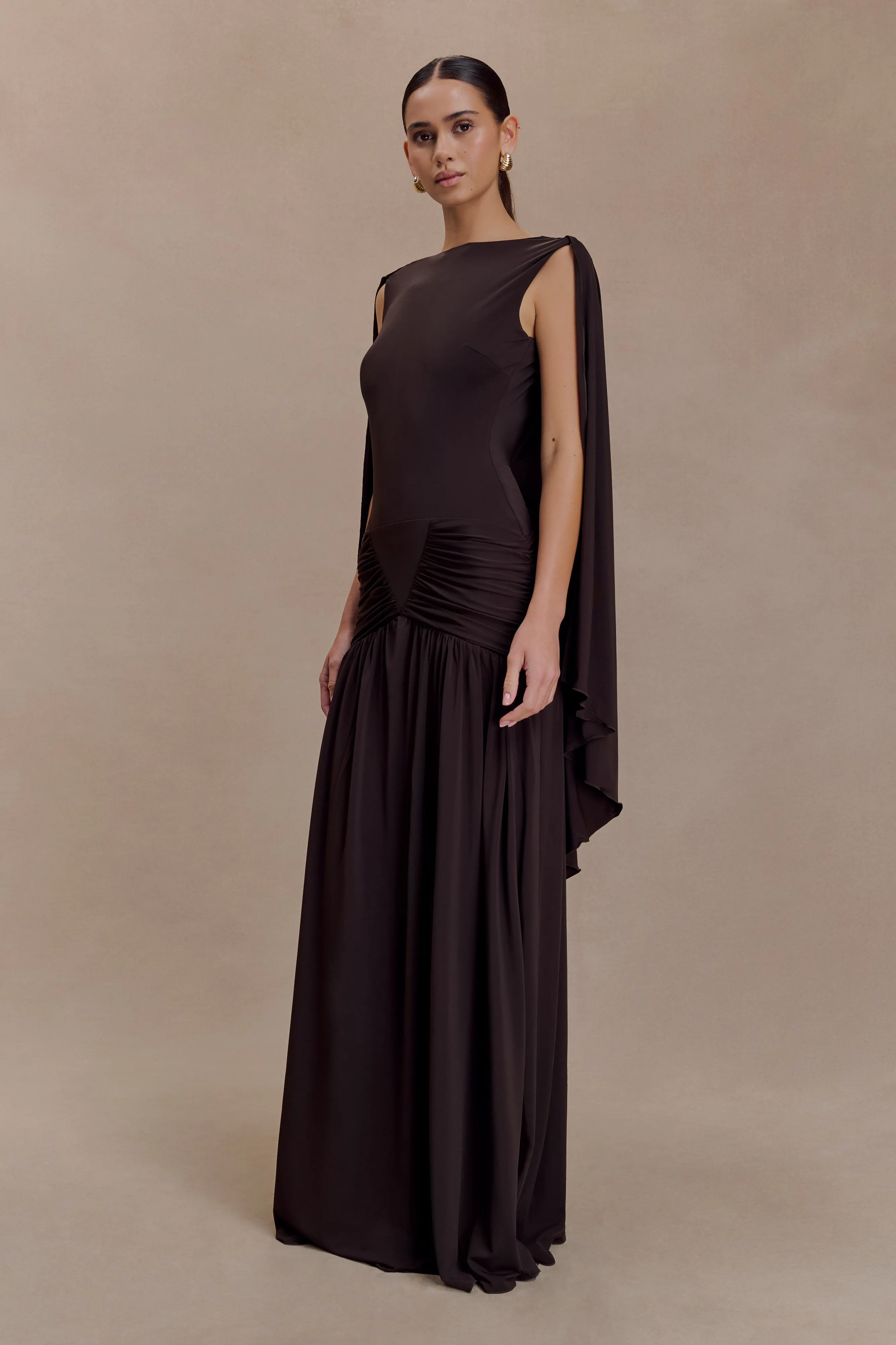 Emory Jersey Cape Maxi Dress - Chocolate sold by Meshki product image thumbnail 4