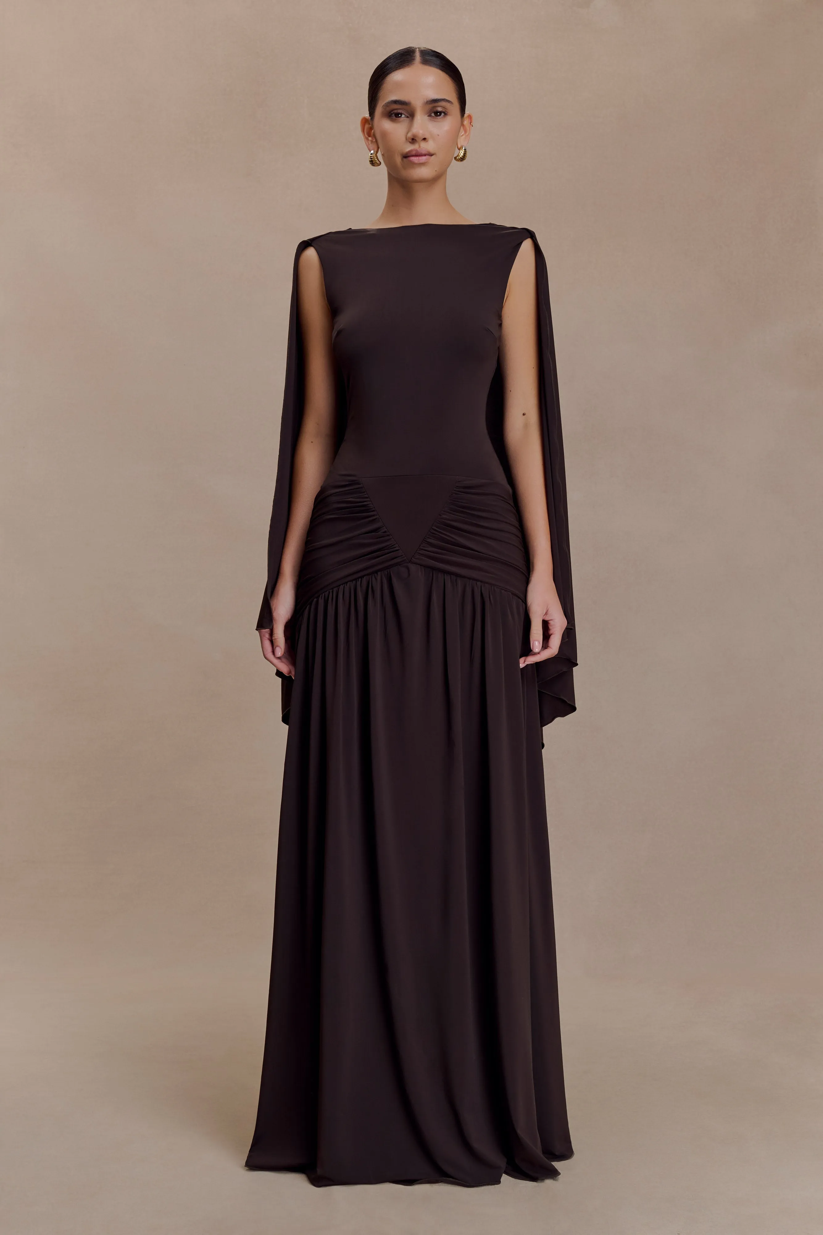 Emory Jersey Cape Maxi Dress - Chocolate sold by Meshki