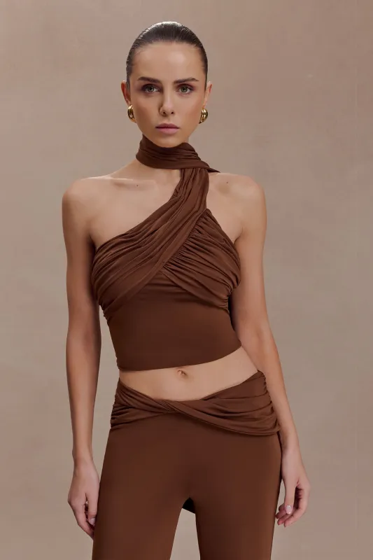 Lydia Slinky Asymmetrical Halter Top - Chocolate sold by Meshki