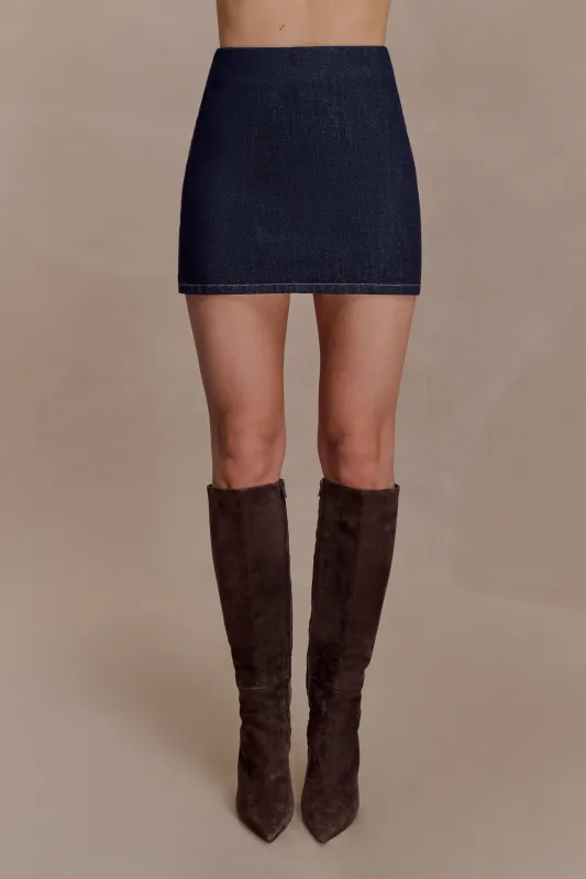 Ellie Denim Mini Skirt - Washed Indigo Blue sold by Meshki