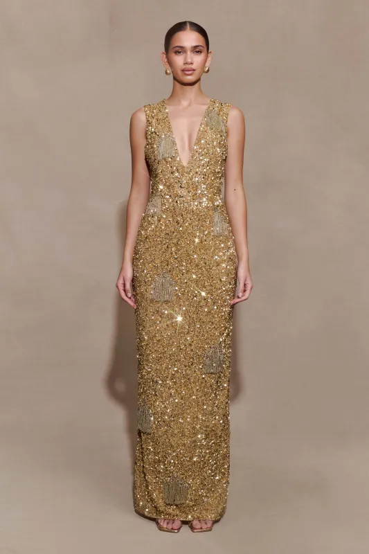 Astor Hand Embellished Maxi Dress - Gold sold by Meshki