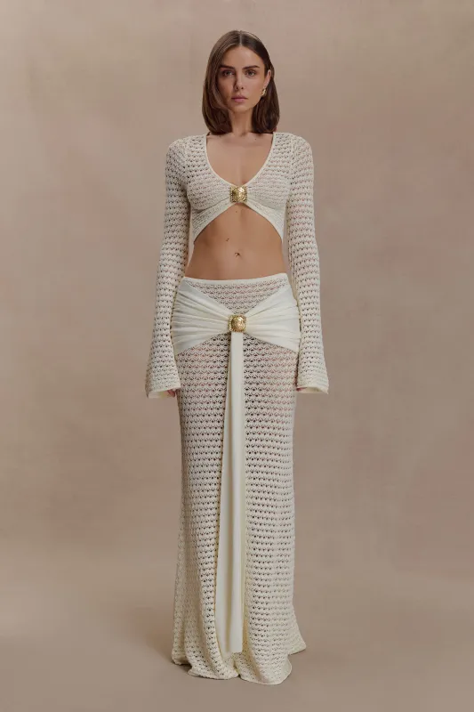 Mania Crochet Maxi Skirt With Hardware - Ivory sold by Meshki