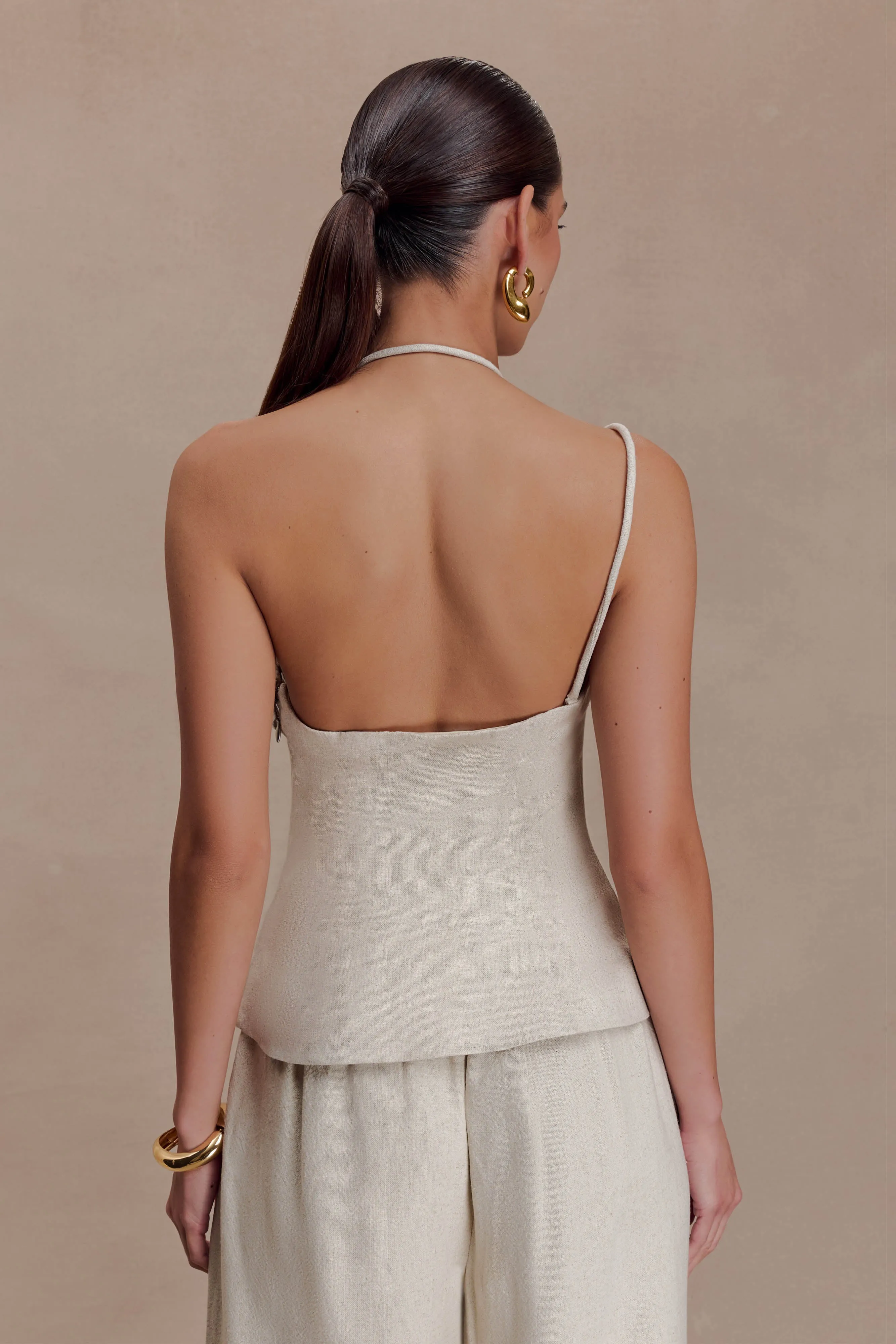 Gabby Asymmetrical Neckline Linen Beaded Top - Natural sold by Meshki product image thumbnail 2