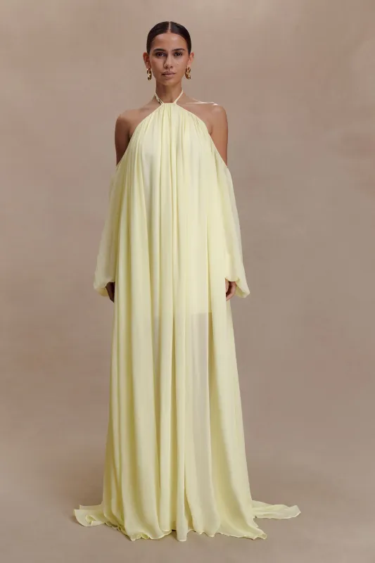 Janni Chiffon Maxi Dress With Hardware - Lemon Lime sold by Meshki