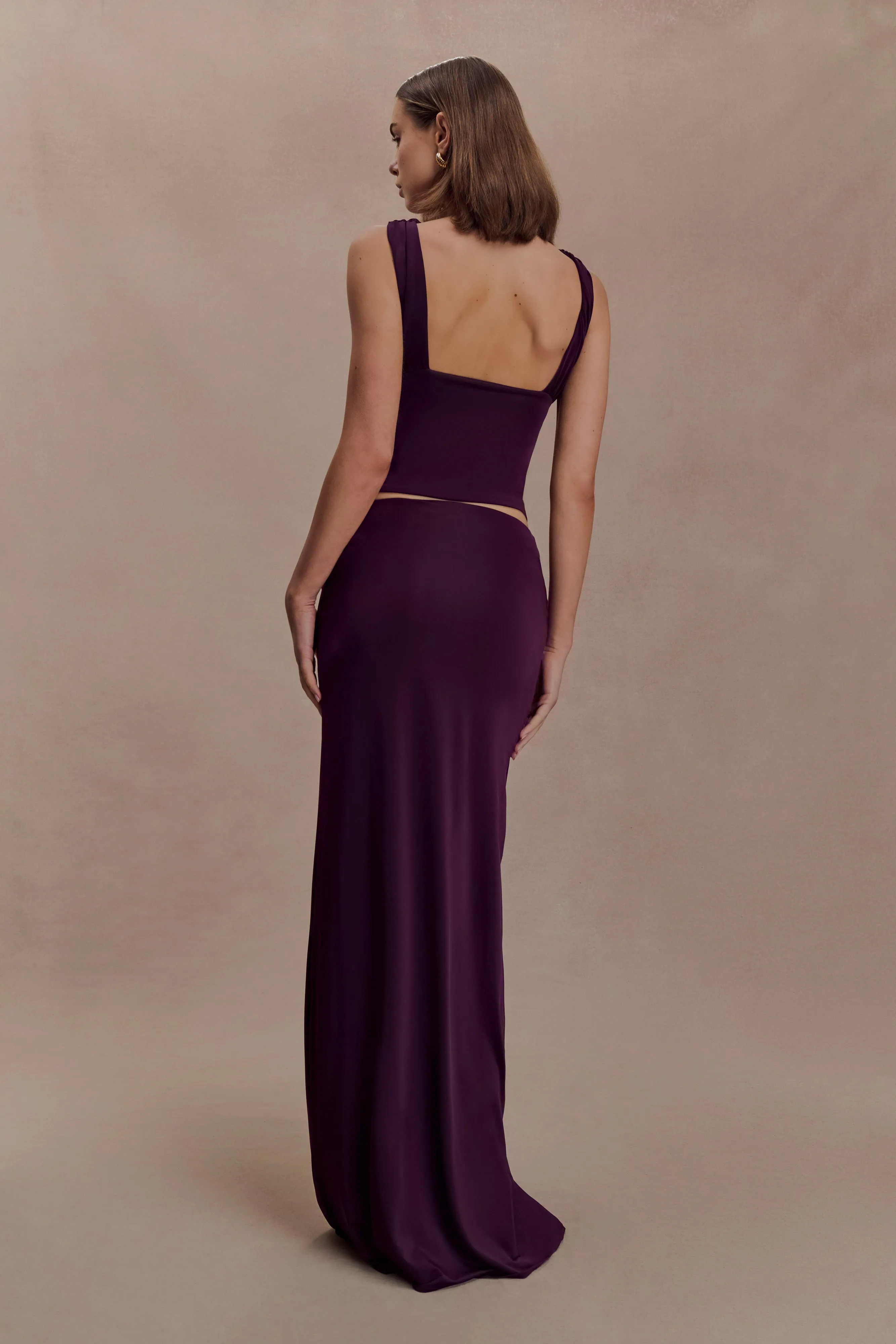 Erina Slinky Ruched Maxi Skirt With Hardware - Aubergine sold by Meshki product image thumbnail 2
