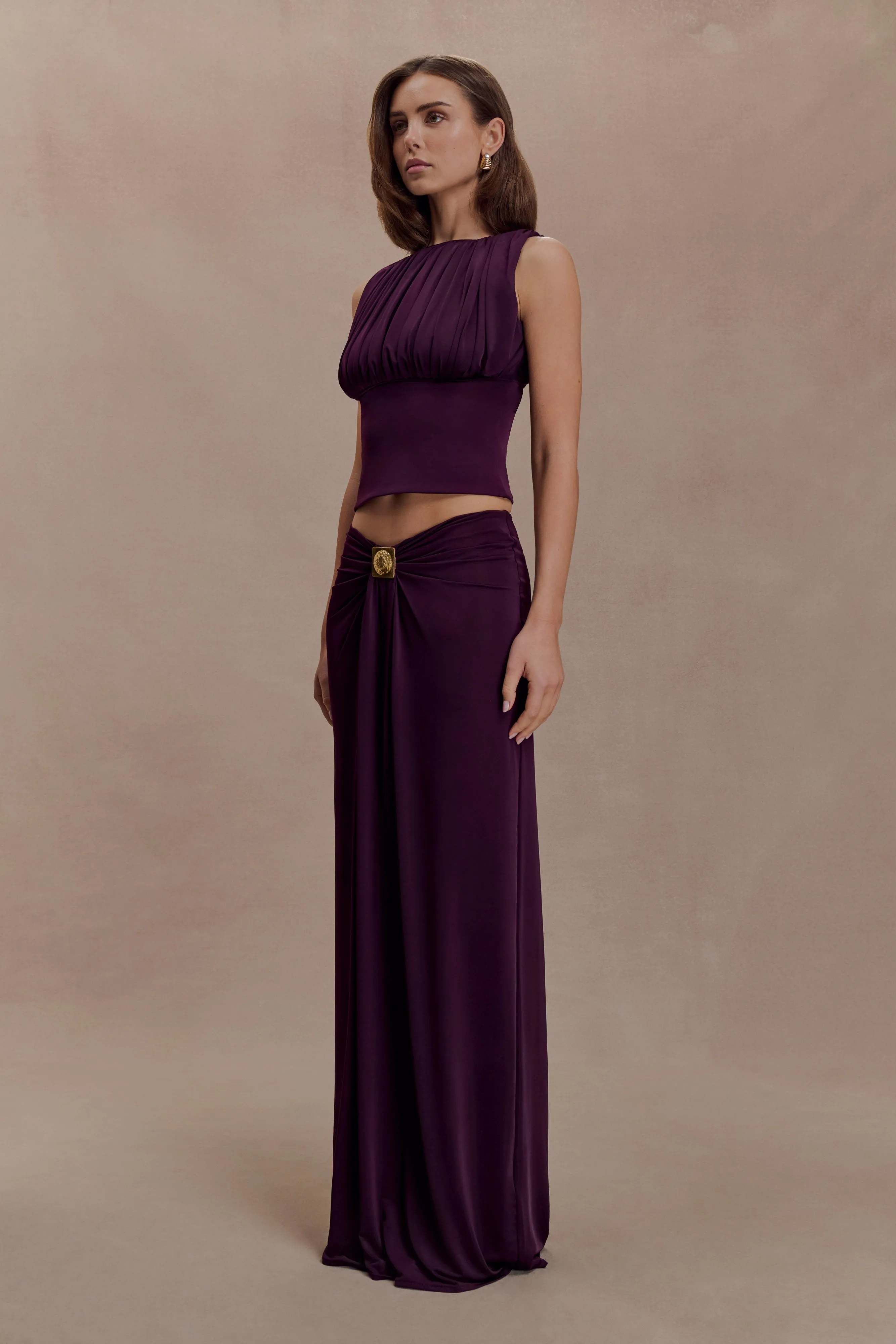Erina Slinky Ruched Maxi Skirt With Hardware - Aubergine sold by Meshki product image thumbnail 3