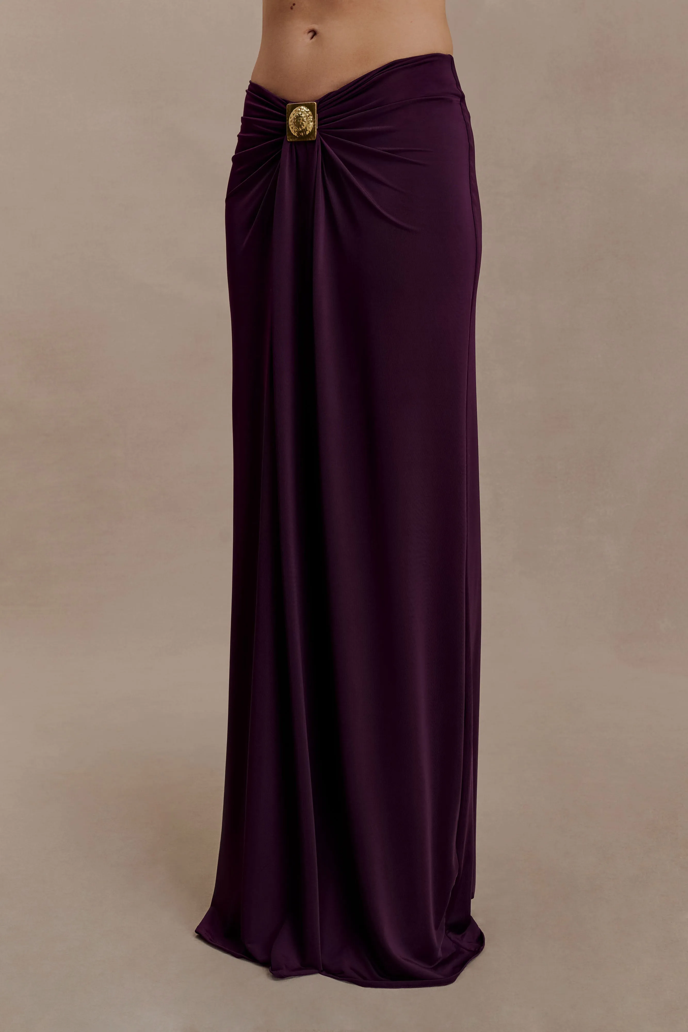 Erina Slinky Ruched Maxi Skirt With Hardware - Aubergine sold by Meshki product image thumbnail 4