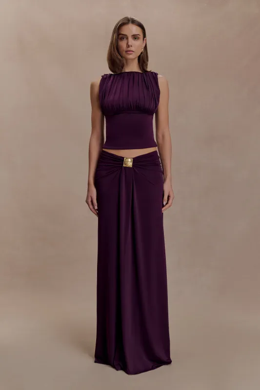 Erina Slinky Ruched Maxi Skirt With Hardware - Aubergine sold by Meshki