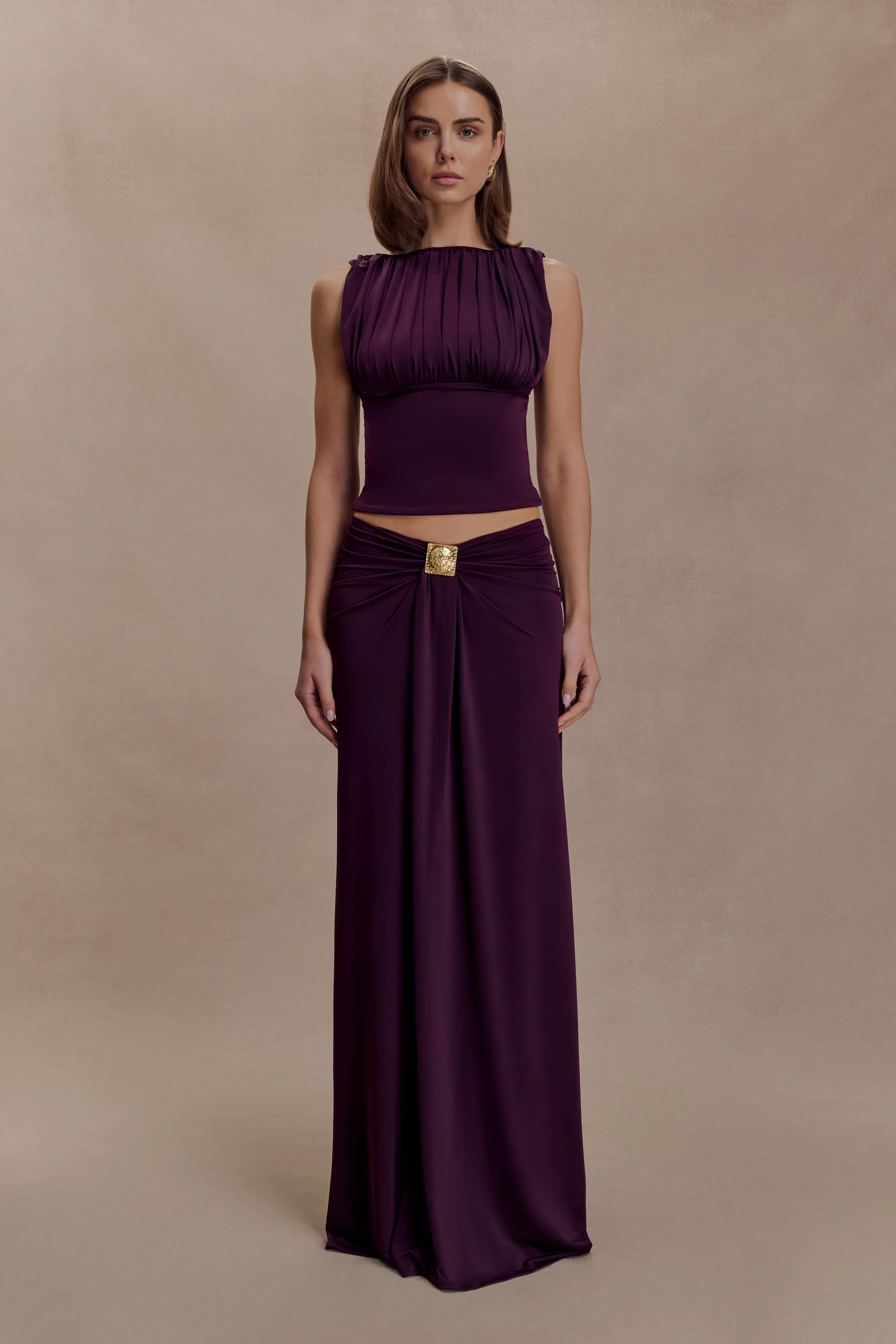 Erina Slinky Ruched Maxi Skirt With Hardware - Aubergine sold by Meshki