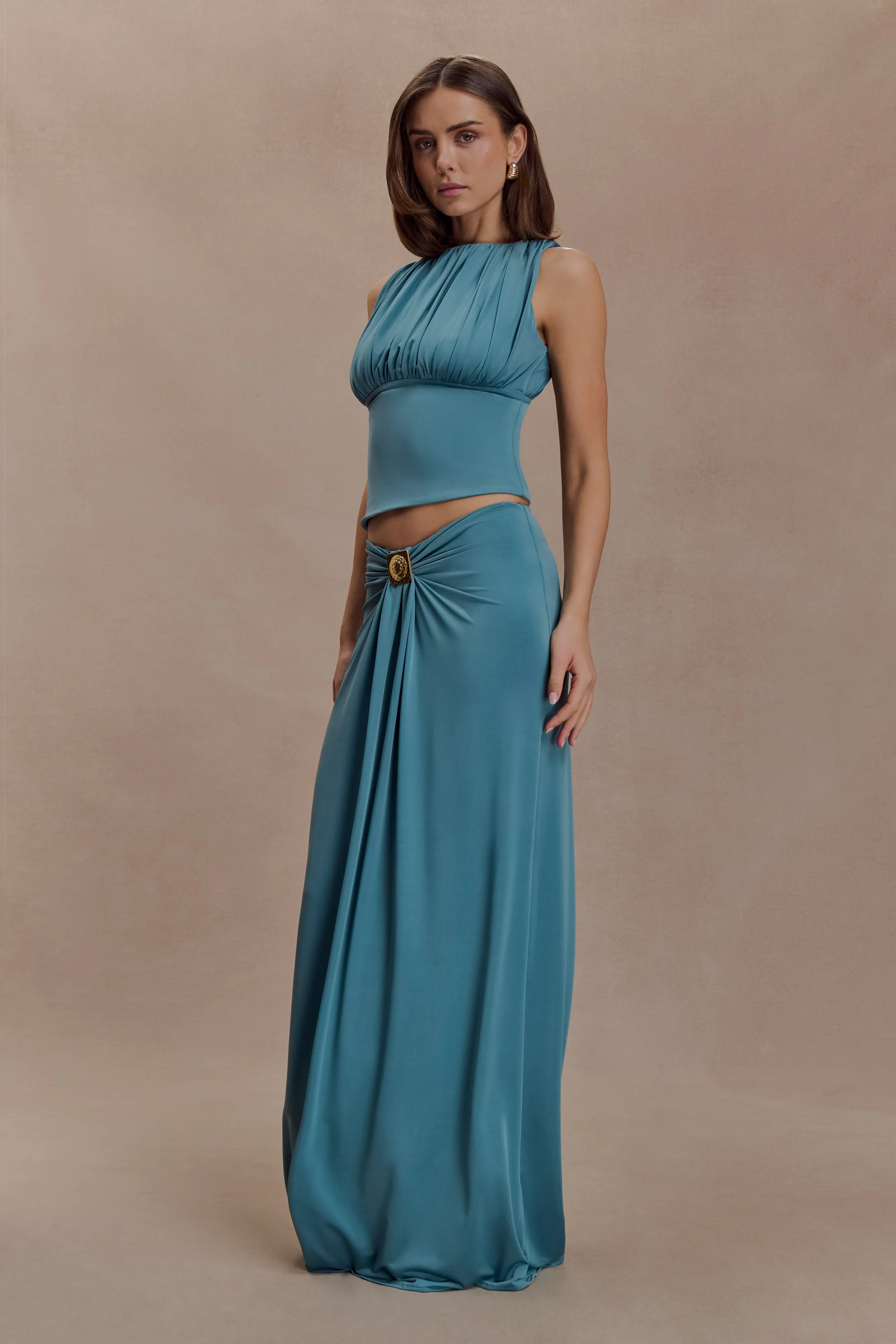 Erina Slinky Ruched Maxi Skirt With Hardware - Teal sold by Meshki product image thumbnail 3