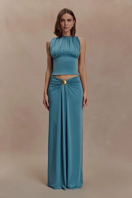 Erina Slinky Ruched Maxi Skirt With Hardware - Teal sold by Meshki