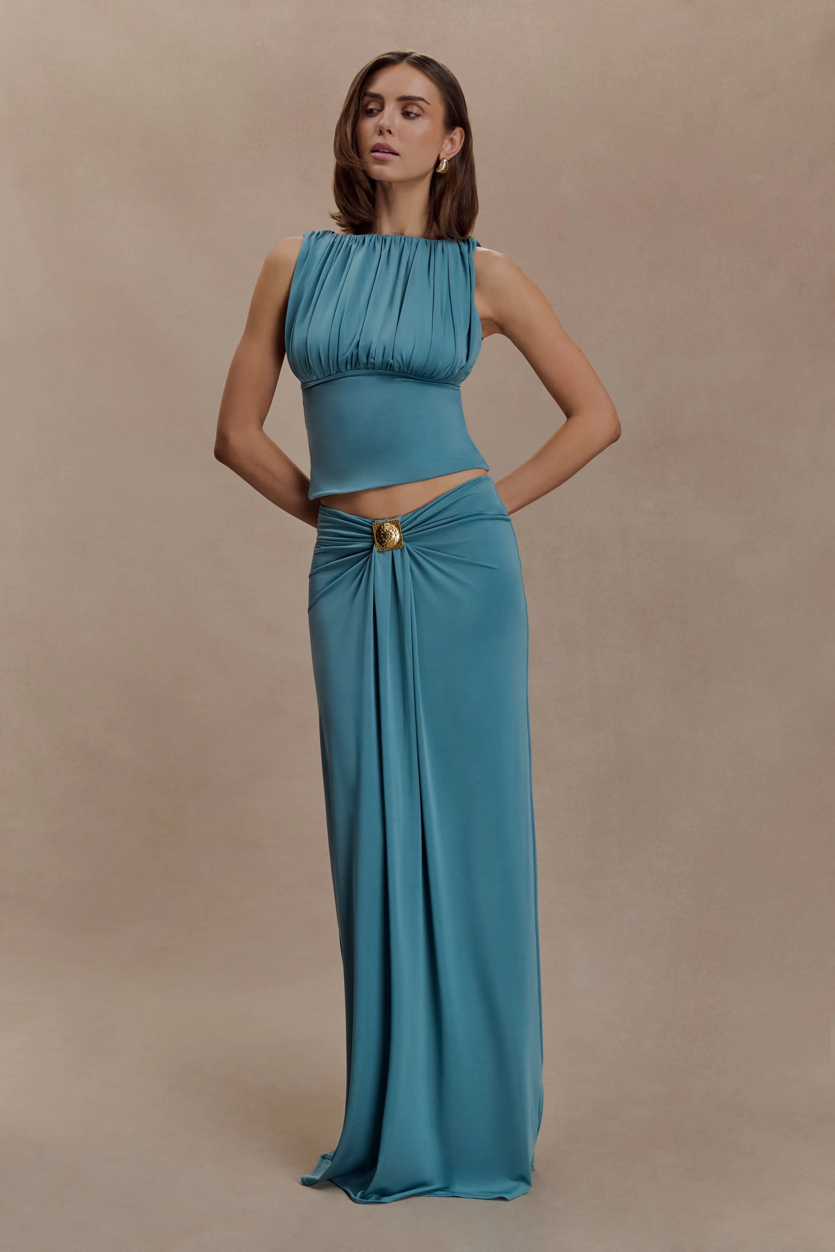 Erina Slinky Ruched Maxi Skirt With Hardware - Teal sold by Meshki product image thumbnail 5