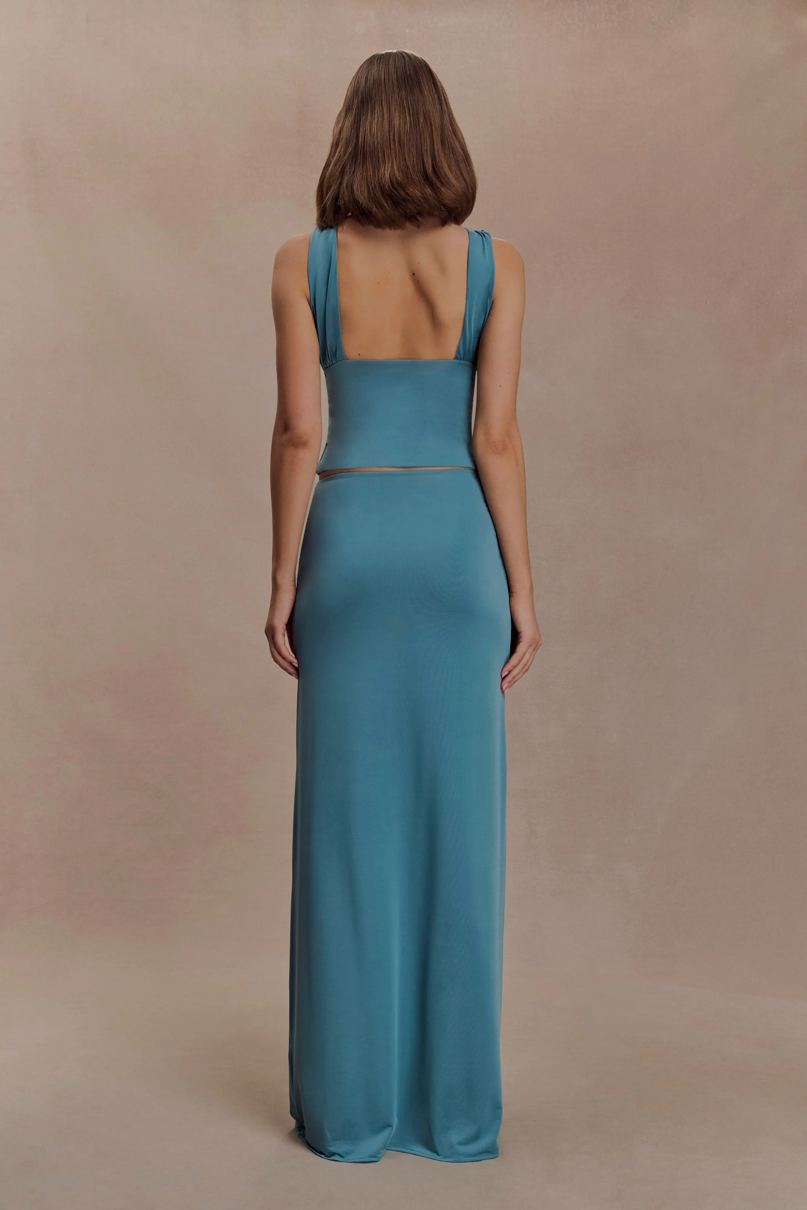 Erina Slinky Ruched Maxi Skirt With Hardware - Teal sold by Meshki product image thumbnail 2