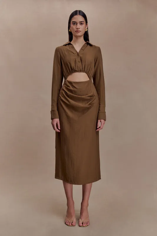Cecilie Cut Out Shirt Midi Dress - Dark Chocolate sold by Meshki