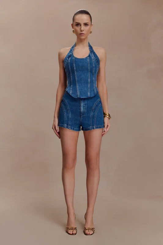 Meadow Denim Shorts - Dark Blue sold by Meshki