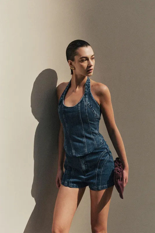 Meadow Denim Corset Halter Top - Dark Blue made by Meshki