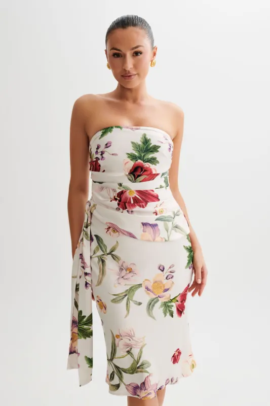 Allegra Satin Ruched Strapless Top - Bella Rosa Print sold by Meshki