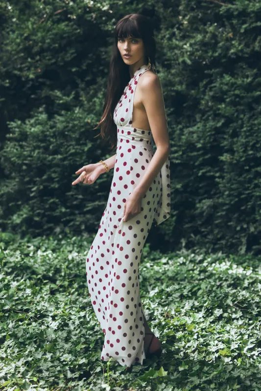Nadine Halter Chiffon Maxi Dress - Ivory/Merlot Polka Dot sold by Meshki