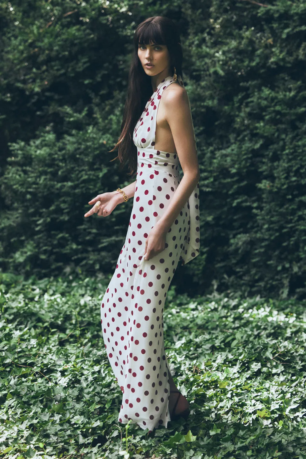 Nadine Halter Chiffon Maxi Dress - Ivory/Merlot Polka Dot sold by Meshki