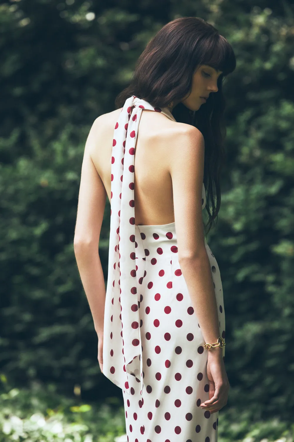 Nadine Halter Chiffon Maxi Dress - Ivory/Merlot Polka Dot sold by Meshki product image thumbnail 2