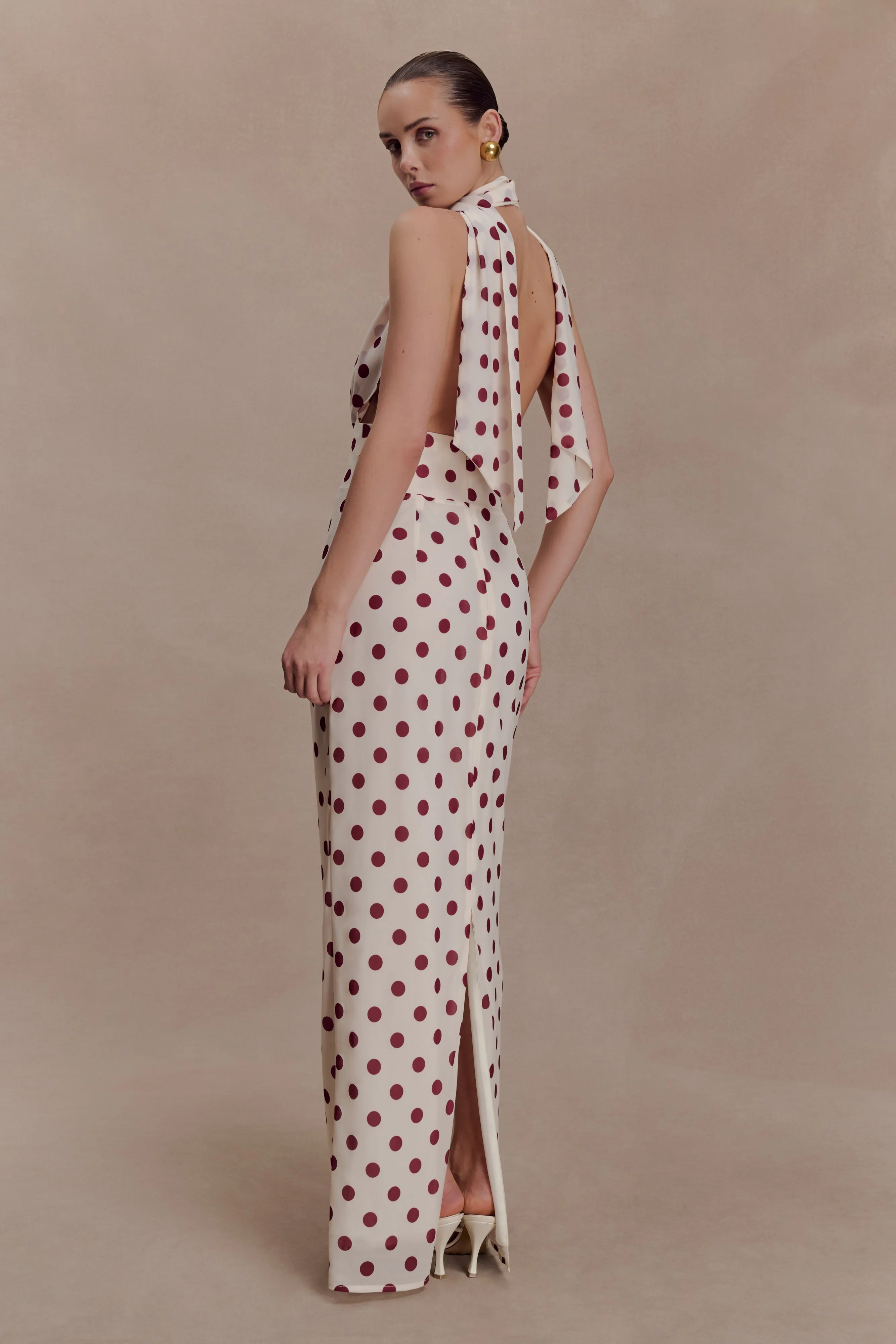 Nadine Halter Chiffon Maxi Dress - Ivory/Merlot Polka Dot sold by Meshki product image thumbnail 5
