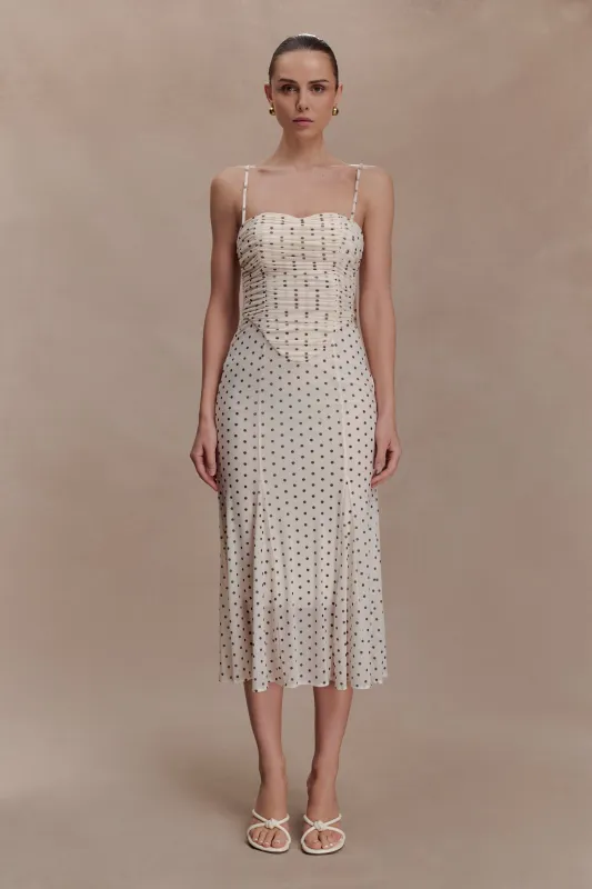 Willa Gathered Mesh Midi Dress - Polka Dot made by Meshki