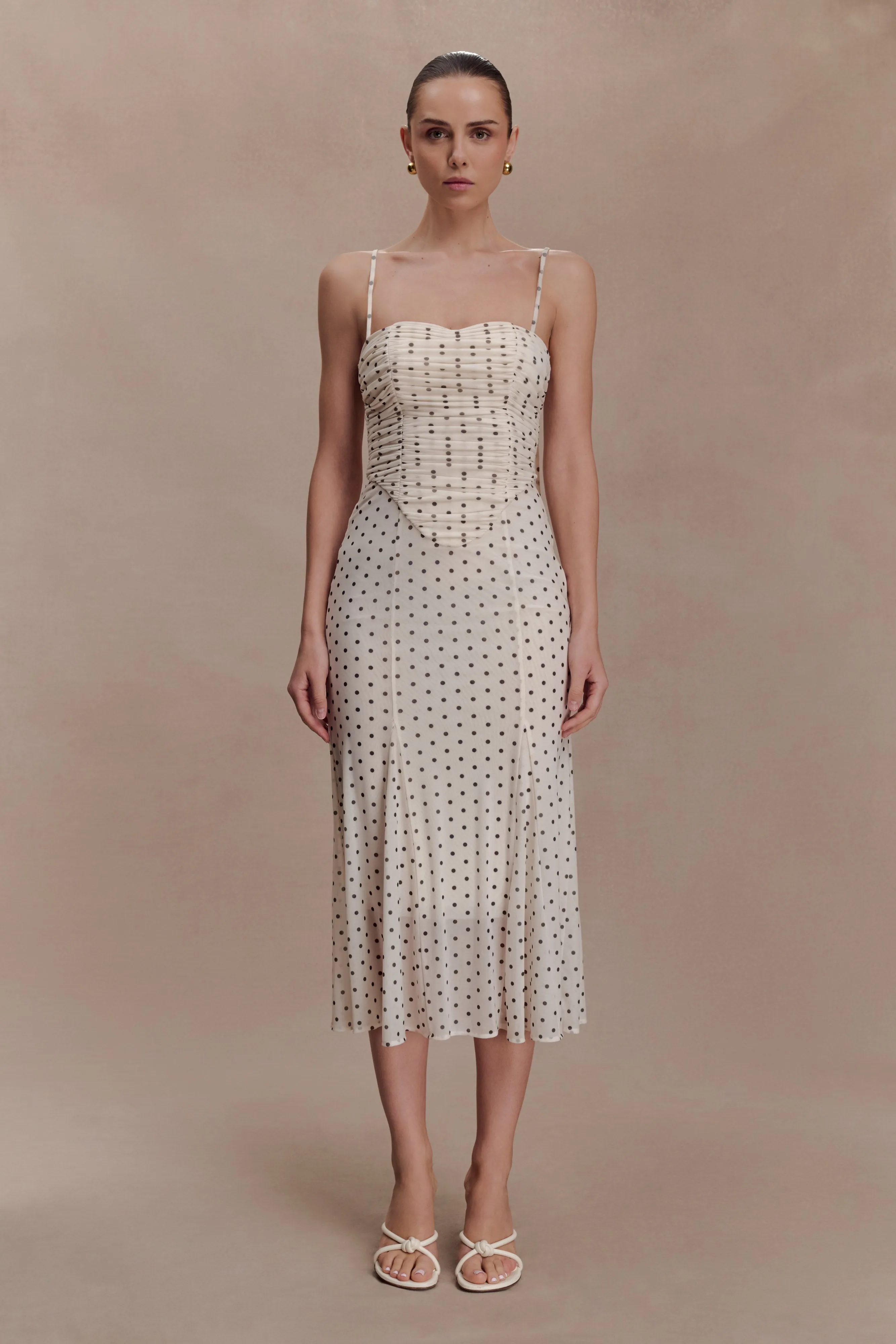 Willa Gathered Mesh Midi Dress - Polka Dot sold by Meshki