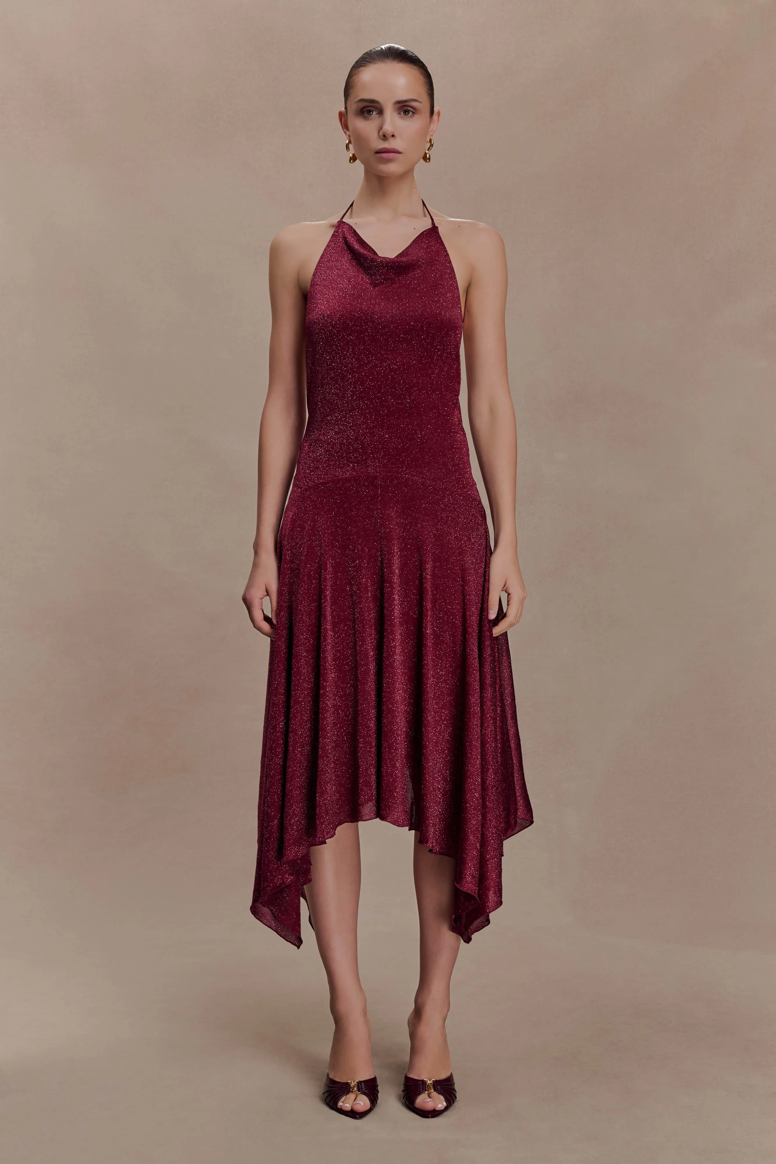 Sylvie Lurex Hankie Midi Dress - Wine sold by Meshki product image thumbnail 5
