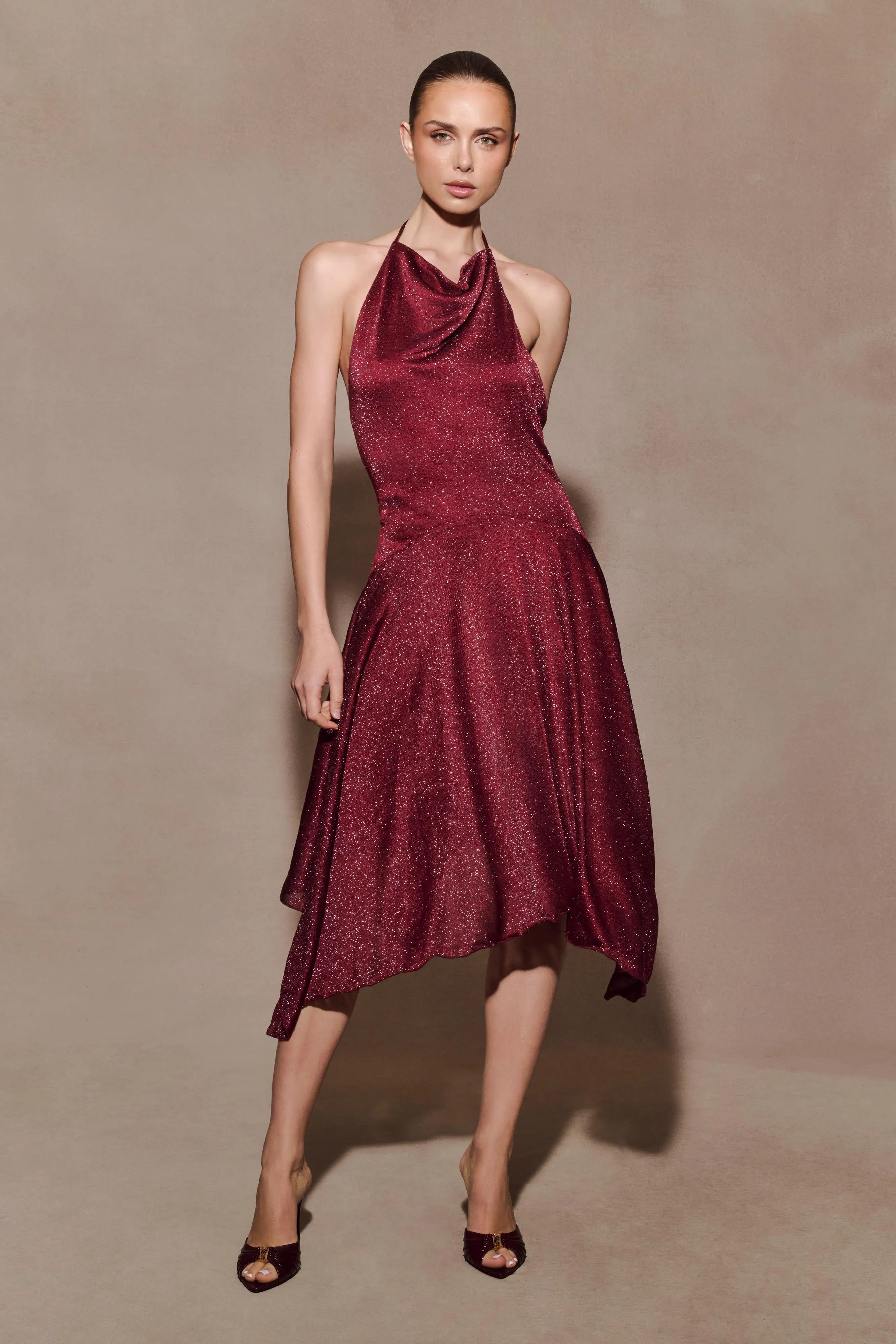 Sylvie Lurex Hankie Midi Dress - Wine sold by Meshki product image thumbnail 2