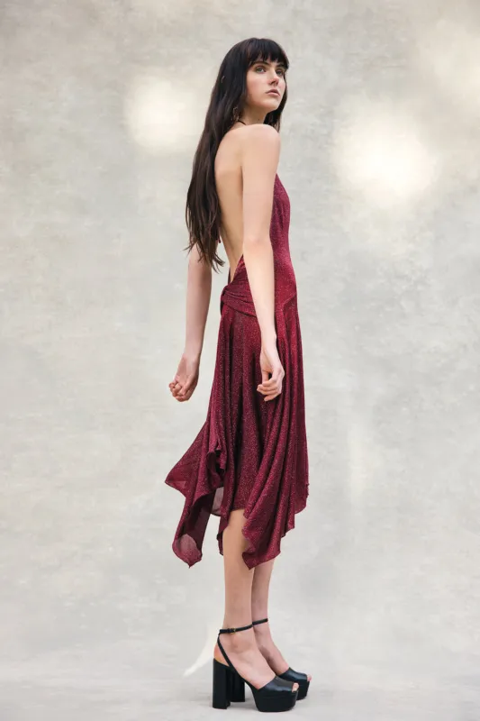Sylvie Lurex Hankie Midi Dress - Wine sold by Meshki