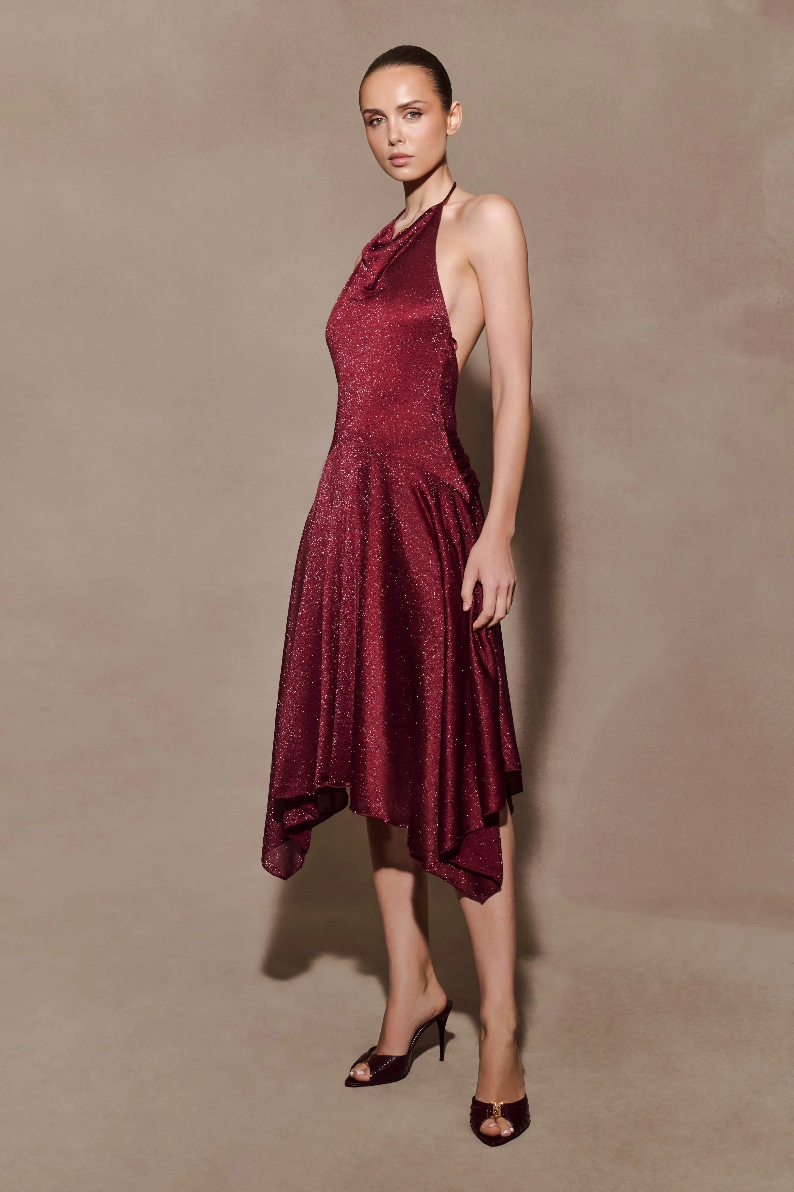 Sylvie Lurex Hankie Midi Dress - Wine sold by Meshki product image thumbnail 4
