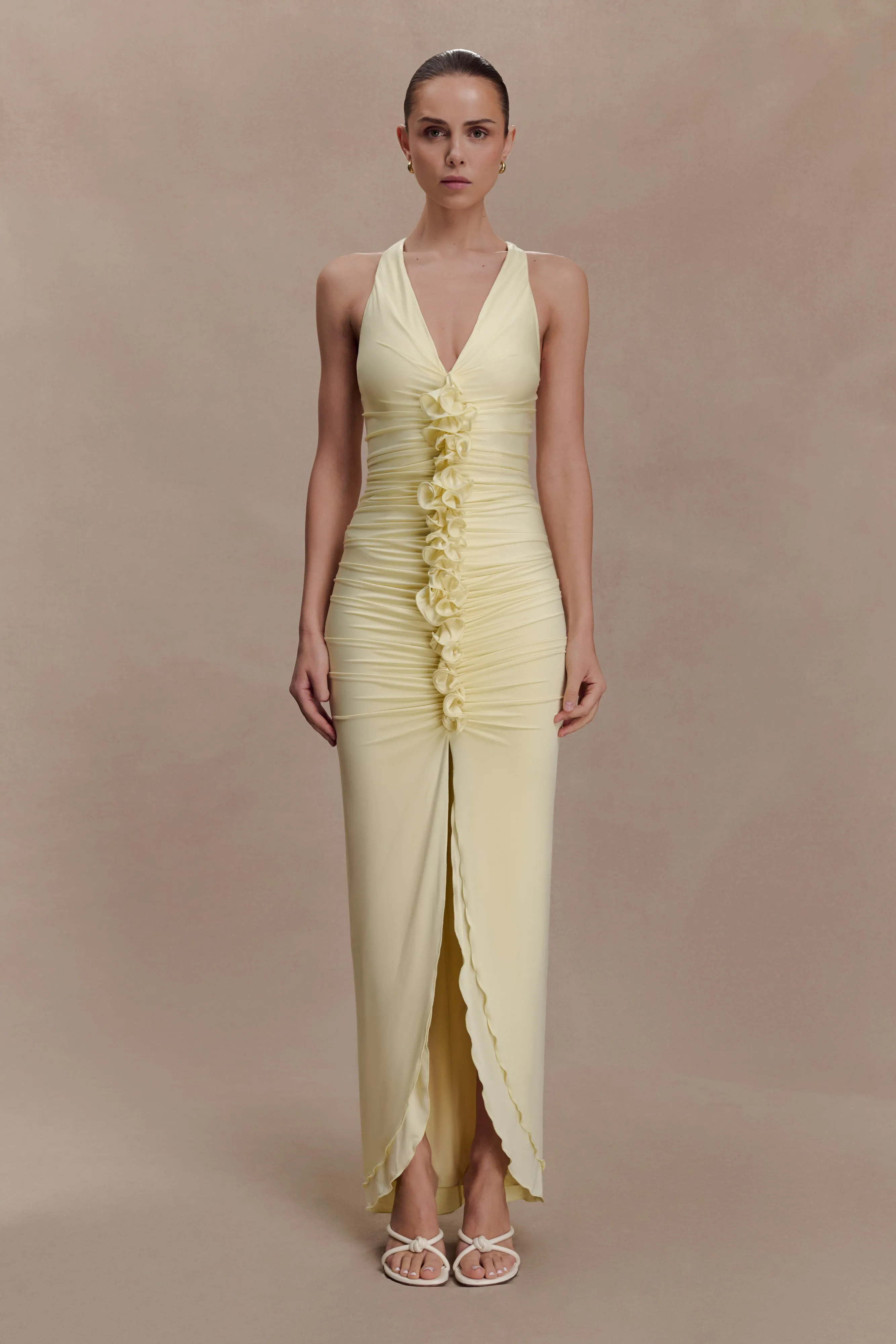 Alessandra Slinky Ruffle Maxi Dress - Lemon sold by Meshki