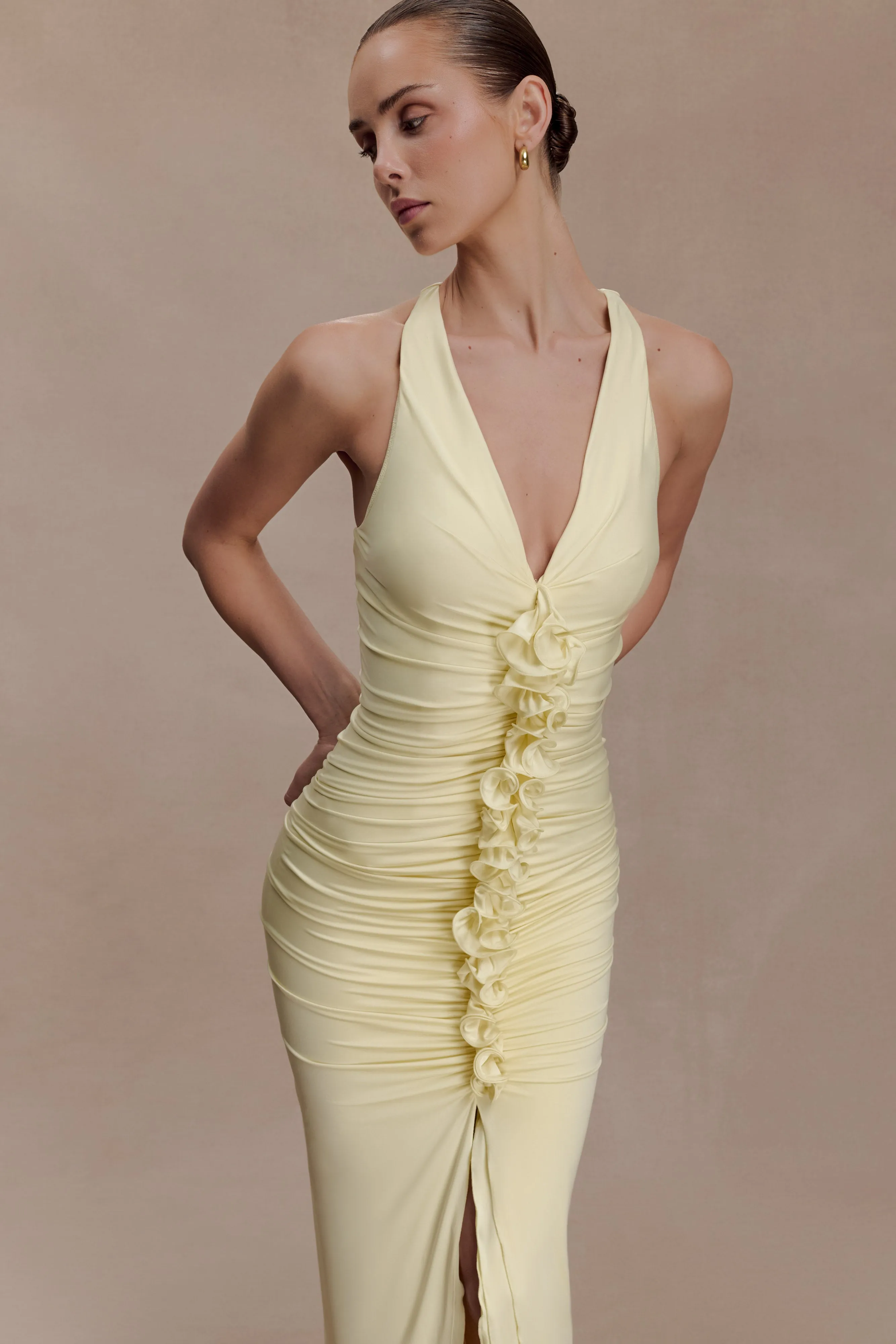 Alessandra Slinky Ruffle Maxi Dress - Lemon sold by Meshki product image thumbnail 3