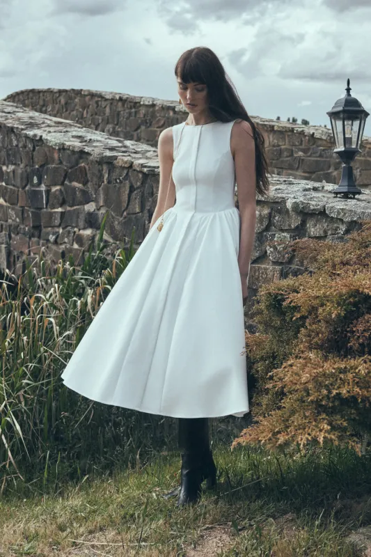 Monika Gathered Waist Cotton Midi Dress - White made by Meshki