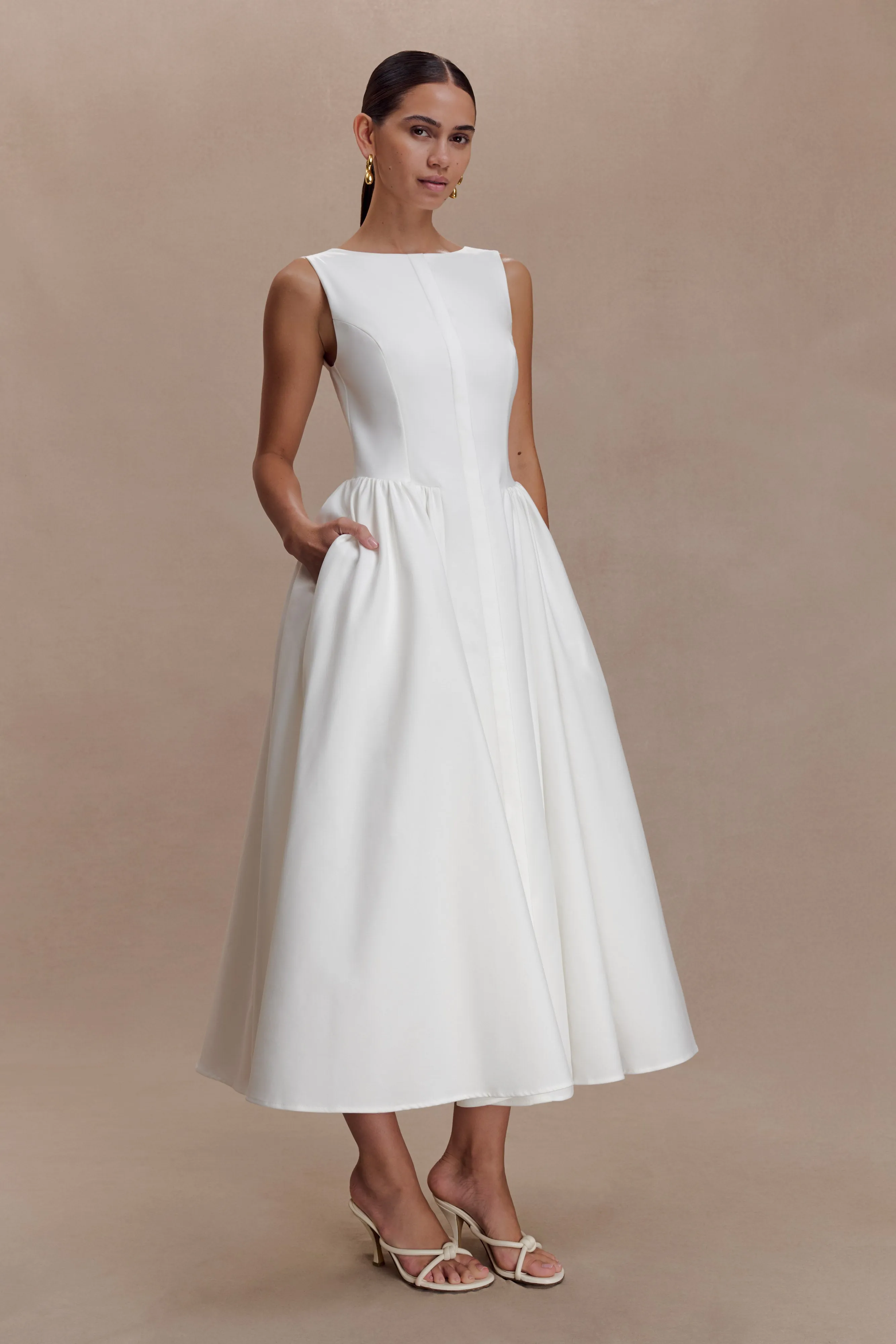 Monika Gathered Waist Cotton Midi Dress - White sold by Meshki product image thumbnail 3