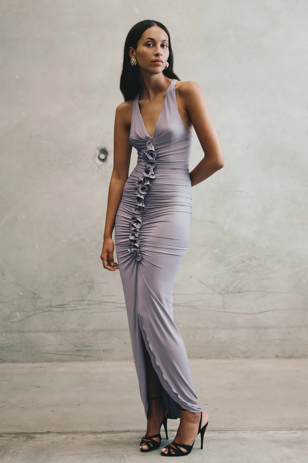 Alessandra Slinky Ruffle Maxi Dress - Grey sold by Meshki