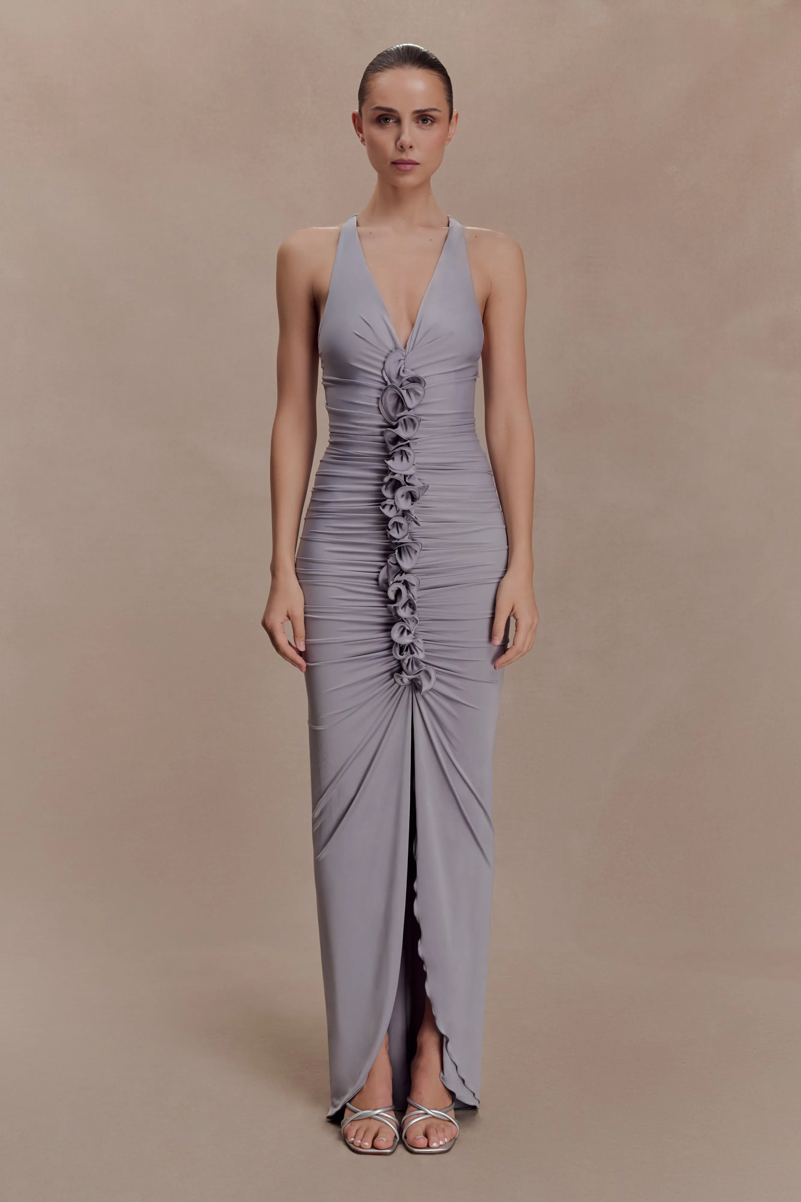 Alessandra Slinky Ruffle Maxi Dress - Grey sold by Meshki product image thumbnail 2