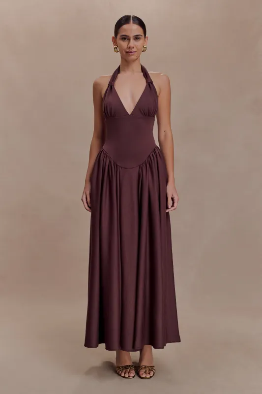 Angelina Scuba Halter Midi Dress - Chocolate sold by Meshki
