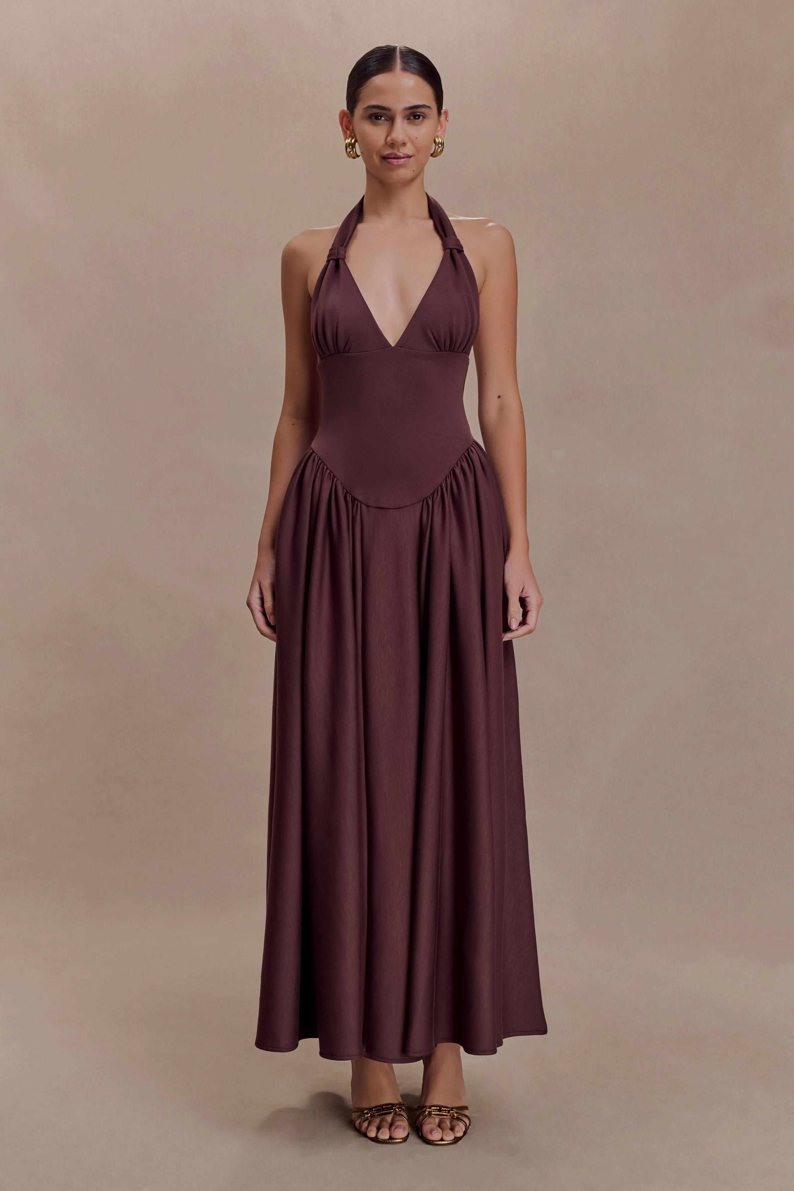 Angelina Scuba Halter Midi Dress - Chocolate sold by Meshki