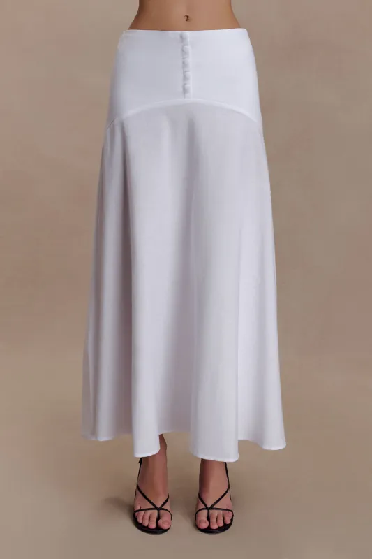 Selma Curved Waist Midi Skirt - White sold by Meshki