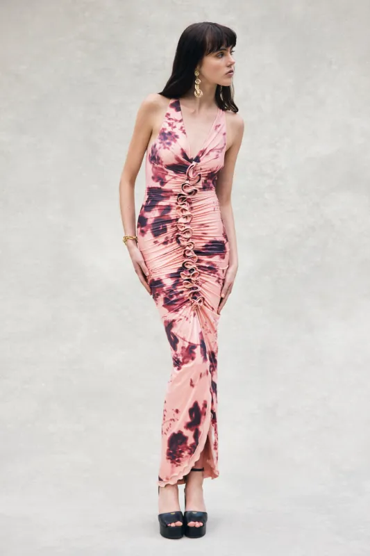Alessandra Slinky Ruffle Maxi Dress - Pink Blurred Floral Print sold by Meshki