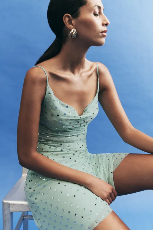 Zahra Diamante Cowl Mini Dress - Mint sold by Meshki